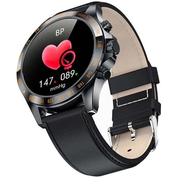 Férfi okosóra 1.28" TFT HD kijelzővel, fekete bőr szíj, IP68