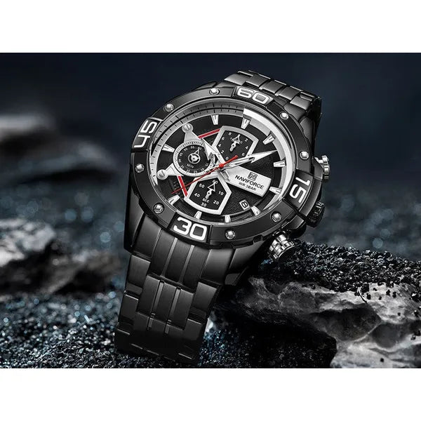 Naviforce férfi kronográf karóra, fekete, Seiko kvarc, 46 mm