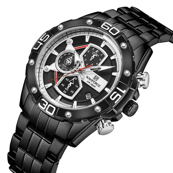 Naviforce férfi kronográf karóra, fekete, Seiko kvarc, 46 mm