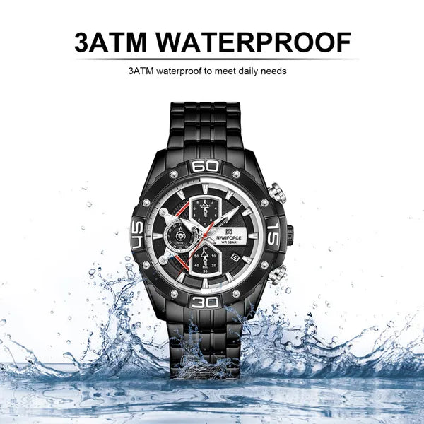 Naviforce férfi kronográf karóra, fekete, Seiko kvarc, 46 mm