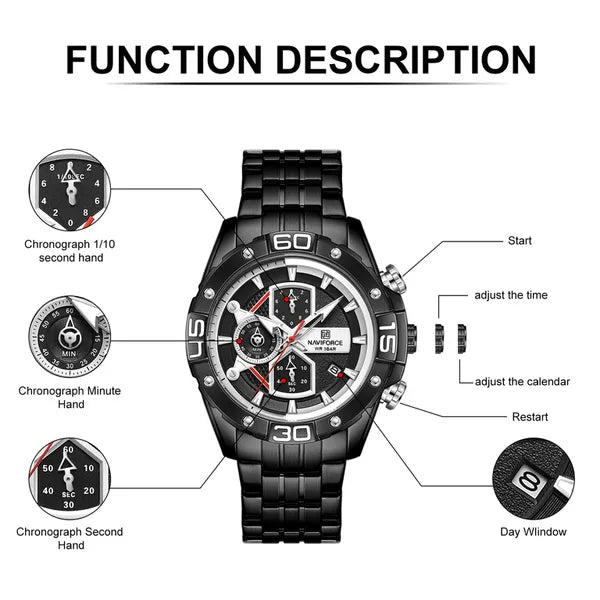 Naviforce férfi kronográf karóra, fekete, Seiko kvarc, 46 mm
