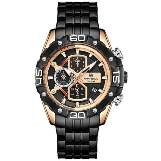 Naviforce NF8018 férfi kronográf karóra, rozéarany-fekete, acél szíj