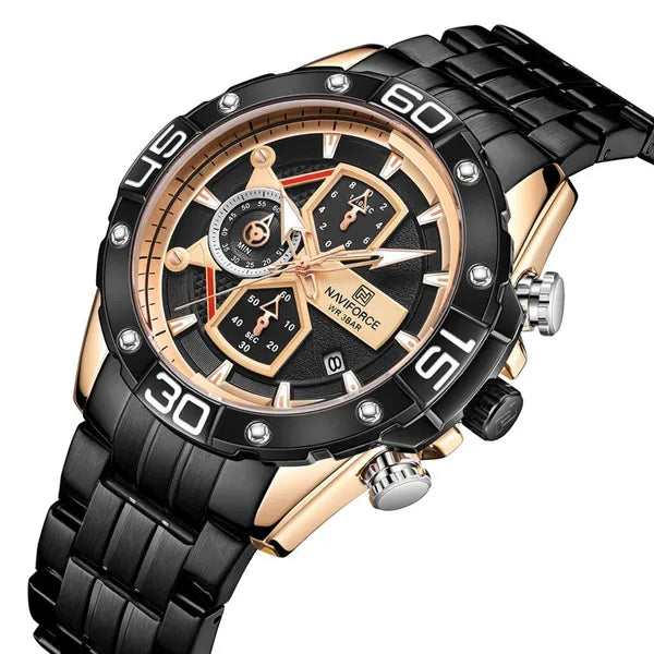 Naviforce NF8018 férfi kronográf karóra, rozéarany-fekete, acél szíj