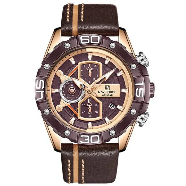 Naviforce NF8018 férfi kronográf karóra, Seiko quartz, barna bőrszíj