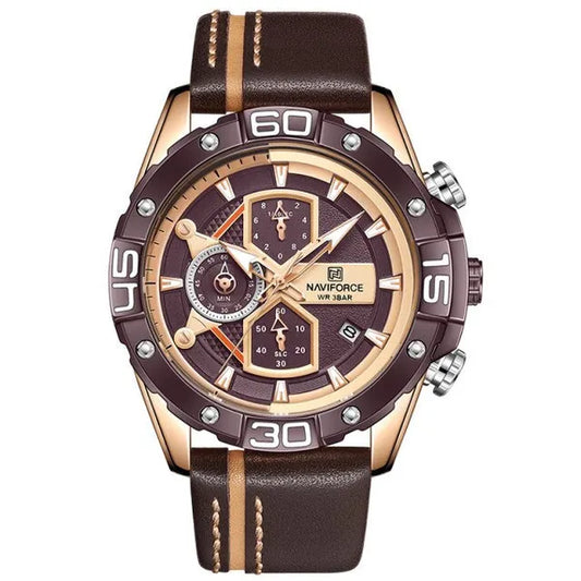 Naviforce NF8018 férfi kronográf karóra, Seiko quartz, barna bőrszíj
