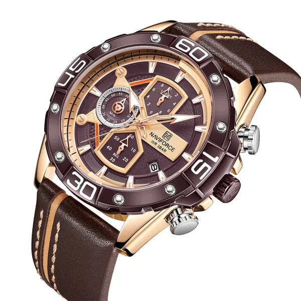 Naviforce NF8018 férfi kronográf karóra, Seiko quartz, barna bőrszíj