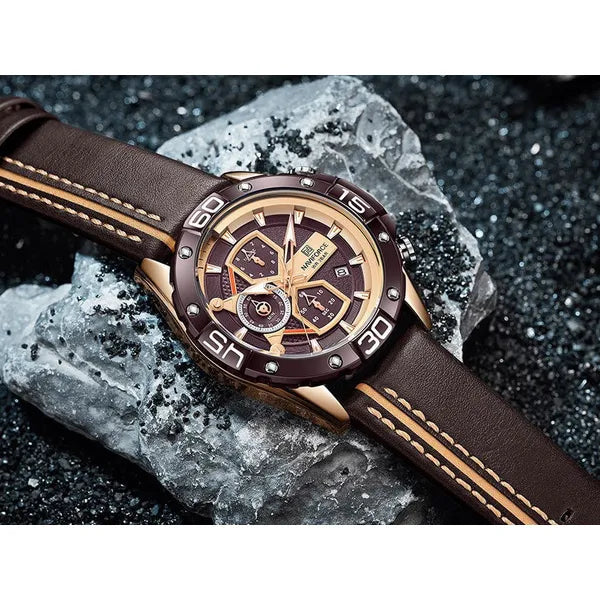 Naviforce NF8018 férfi kronográf karóra, Seiko quartz, barna bőrszíj