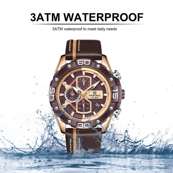 Naviforce NF8018 férfi kronográf karóra, Seiko quartz, barna bőrszíj