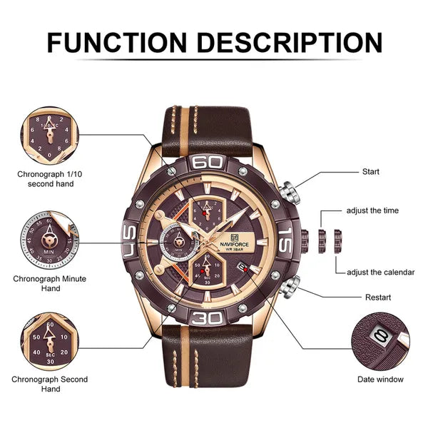 Naviforce NF8018 férfi kronográf karóra, Seiko quartz, barna bőrszíj