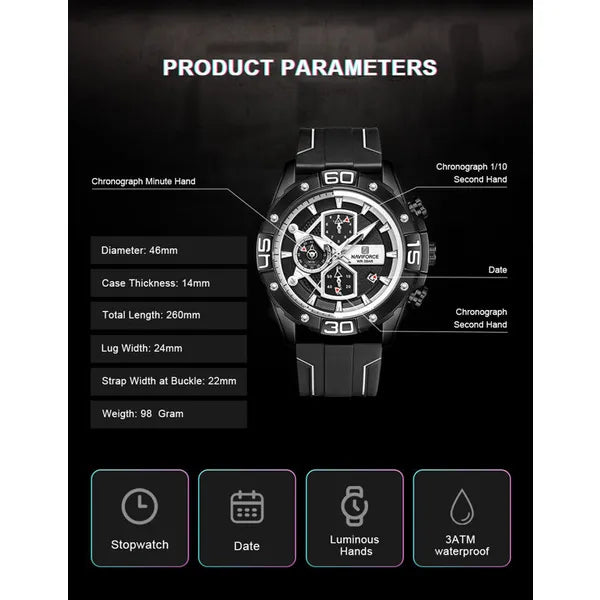 Naviforce NF8018T férfi kronográf karóra, quartz, fekete, 46 mm, gumiszíj
