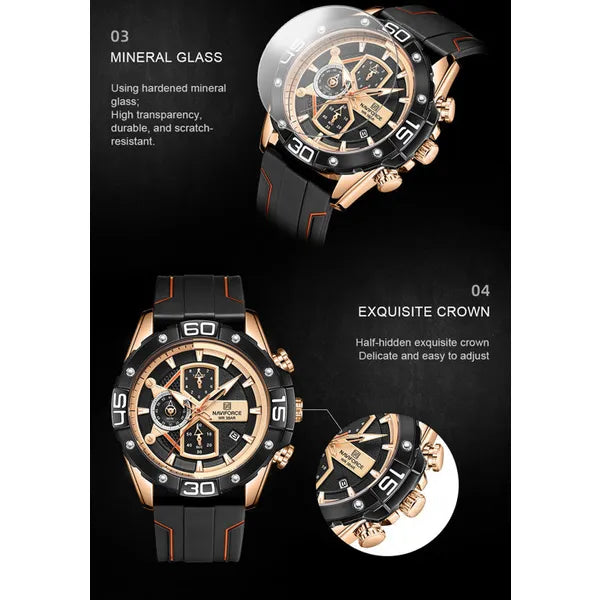Naviforce férfi kronográf karóra NF8018T, 46 mm, fekete-narancs, kaucsuk