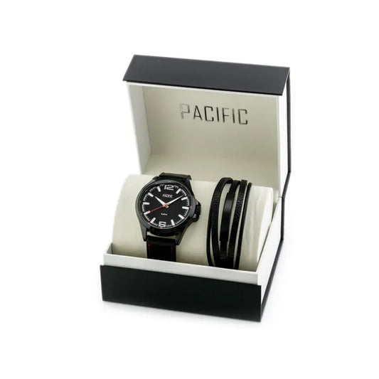Pacific X0066-06 férfi kvarc karóra ajándékdobozzal, fekete-piros bőr szíj, WR50