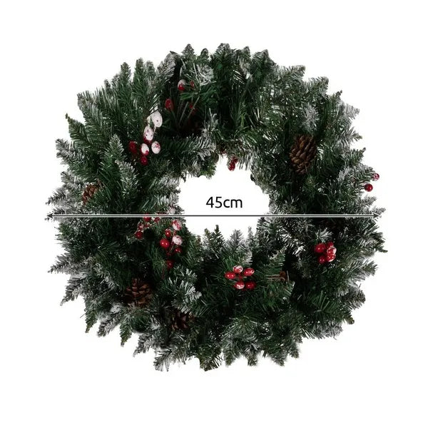 Havas műfenyő karácsonyi koszorú 45 cm tobozzal, piros bogyókkal