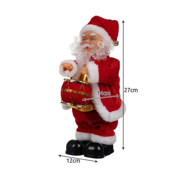 Zenélő és táncoló Mikulás dobfigurával, 30 cm, elemes dekoráció
