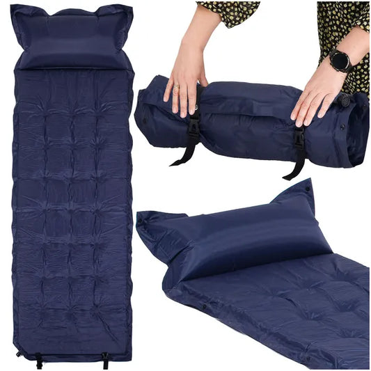 Önfelfújó, sötétkék kemping matrac 200×67×3,5 cm, párnával, 110 kg