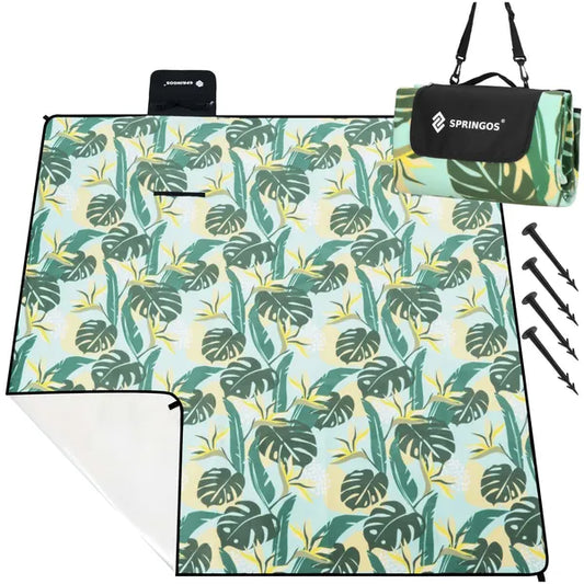 Springos® 200×200 cm piknik pléd, vízálló polár+alumínium, zöld-sárga