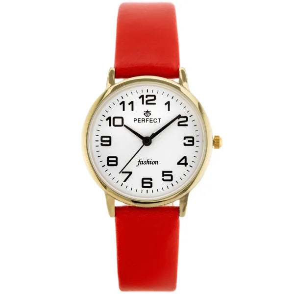 Női kvarc karóra, arany tok, fehér számlap, piros bőr szíj, 32 mm