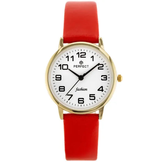 Női kvarc karóra, arany tok, fehér számlap, piros bőr szíj, 32 mm