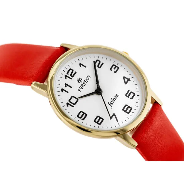 Női kvarc karóra, arany tok, fehér számlap, piros bőr szíj, 32 mm