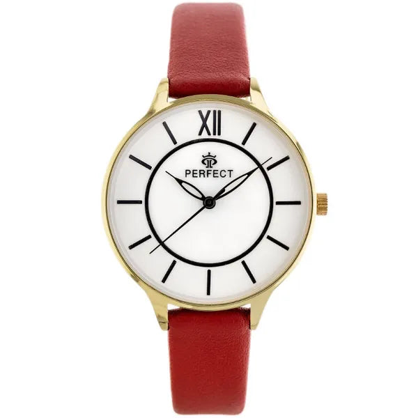Női kvarc karóra piros bőrszíjjal, arany tok, 34 mm, WR30