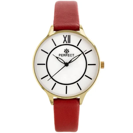 Női kvarc karóra piros bőrszíjjal, arany tok, 34 mm, WR30