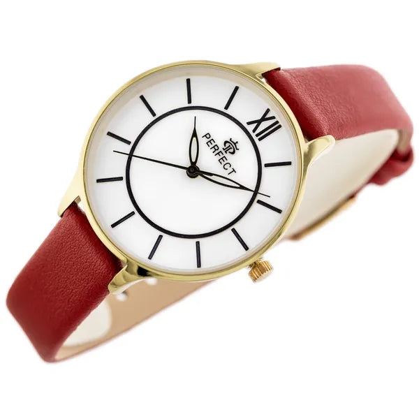 Női kvarc karóra piros bőrszíjjal, arany tok, 34 mm, WR30