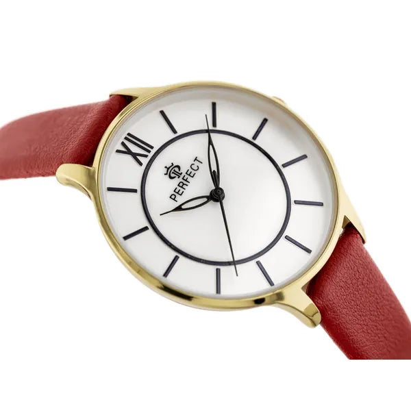 Női kvarc karóra piros bőrszíjjal, arany tok, 34 mm, WR30