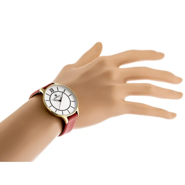 Női kvarc karóra piros bőrszíjjal, arany tok, 34 mm, WR30