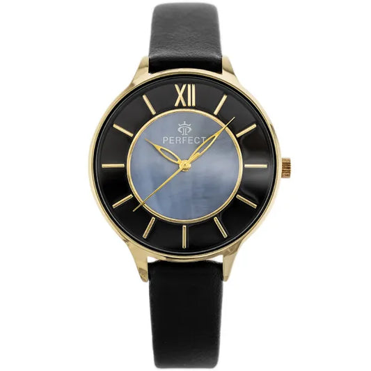 Női quartz karóra 36 mm arany tok, gyöngyház számlap, fekete bőrszíj, díszdoboz