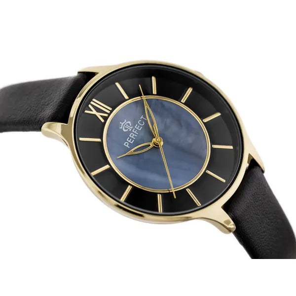 Női quartz karóra 36 mm arany tok, gyöngyház számlap, fekete bőrszíj, díszdoboz