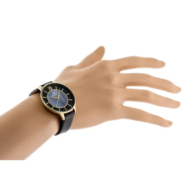 Női quartz karóra 36 mm arany tok, gyöngyház számlap, fekete bőrszíj, díszdoboz