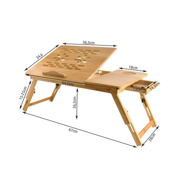 Állítható bambusz laptopasztal, 67×28 cm, 17"-ig, ventilációval