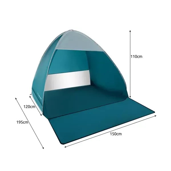 Pop-up strandsátor 200×150×110 cm, UV30+, kék–fehér, padlótoldattal