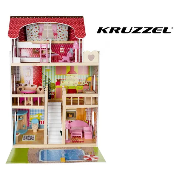Fa babaház villa LED világítással, 3 szint, 90 cm, medencével