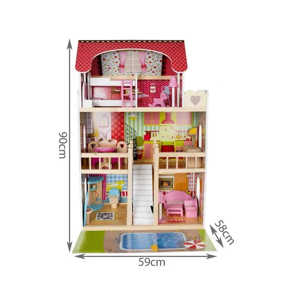 Fa babaház villa LED világítással, 3 szint, 90 cm, medencével