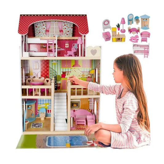 Fa babaház villa LED világítással, 3 szint, 90 cm, medencével