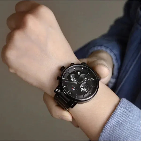 Tommy Hilfiger Evan férfi karóra, fekete acél, 44 mm, WR50