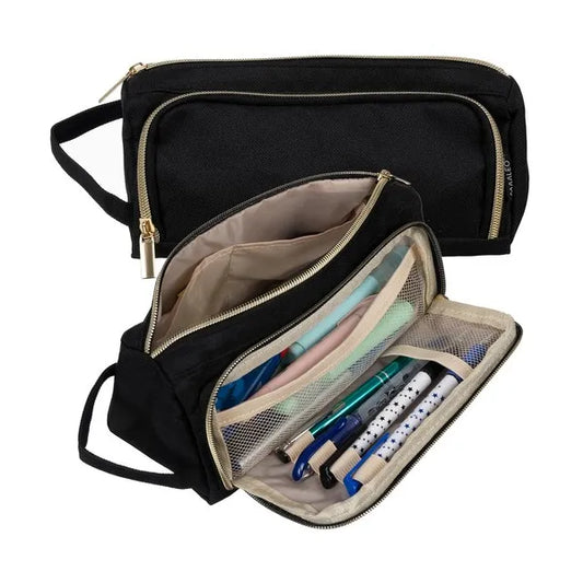 Fekete, bővíthető dupla tolltartó Oxford anyagból, 22×9×8 cm