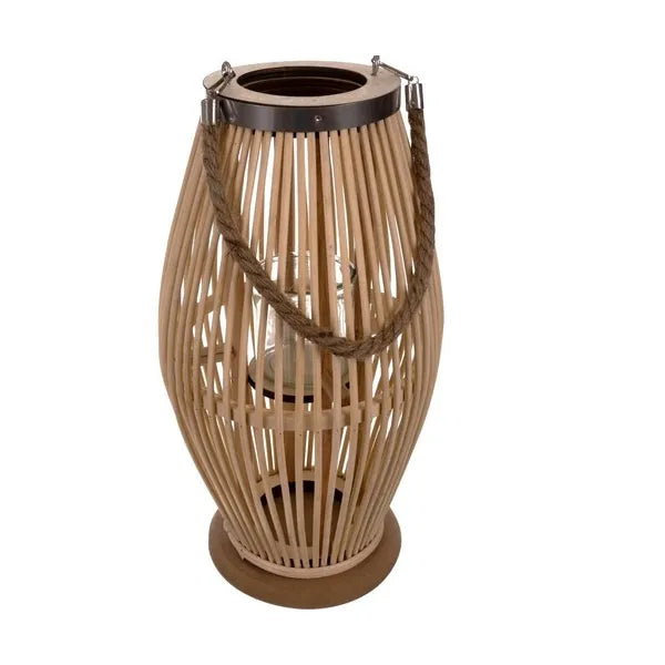 Bambusz rattan lámpás üveg betéttel, kötél füllel, 40 cm, bézs