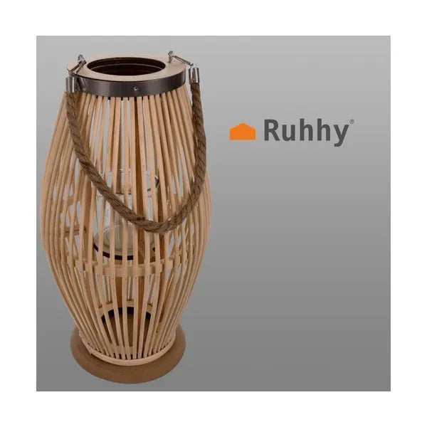 Bambusz rattan lámpás üveg betéttel, kötél füllel, 40 cm, bézs