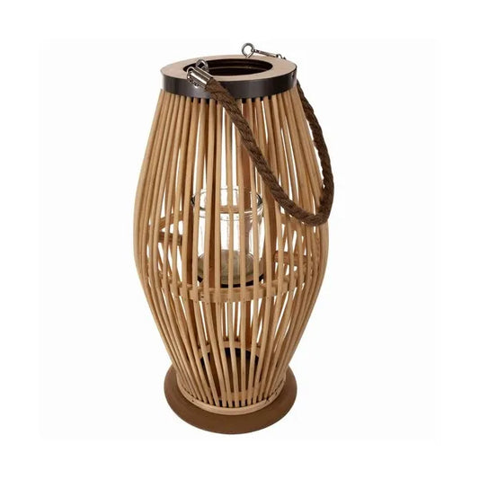 Bambusz rattan lámpás üveg betéttel, kötél füllel, 40 cm, bézs