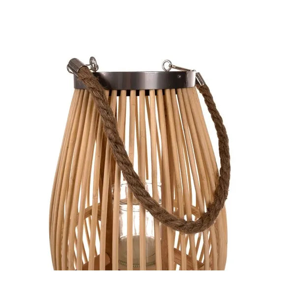 Bambusz rattan lámpás üveg betéttel, kötél füllel, 40 cm, bézs