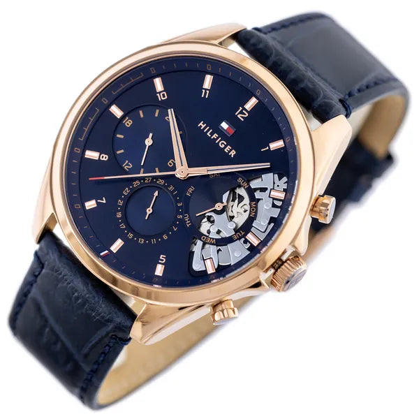 Tommy Hilfiger Baker férfi karóra 44 mm, rózsaarany tok, kék bőrszíj