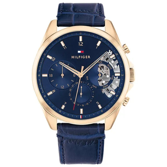 Tommy Hilfiger Baker férfi karóra 44 mm, rózsaarany tok, kék bőrszíj