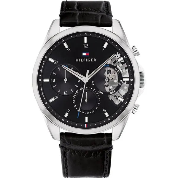Tommy Hilfiger 1710449 Baker férfi karóra, 44 mm, fekete számlap, bőr szíj