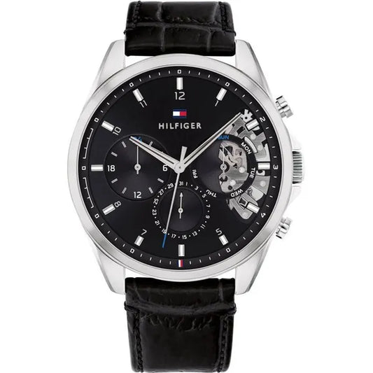 Tommy Hilfiger 1710449 Baker férfi karóra, 44 mm, fekete számlap, bőr szíj