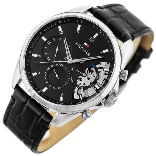 Tommy Hilfiger 1710449 Baker férfi karóra, 44 mm, fekete számlap, bőr szíj