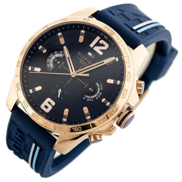Tommy Hilfiger Decker 46 mm férfi karóra, kék szilikon szíj, WR50