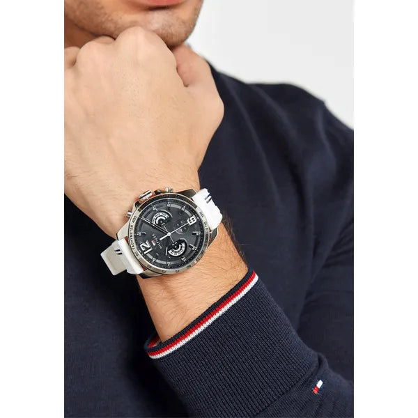 Tommy Hilfiger Decker férfi karóra, quartz, 46 mm, WR50, fehér bőrszíj