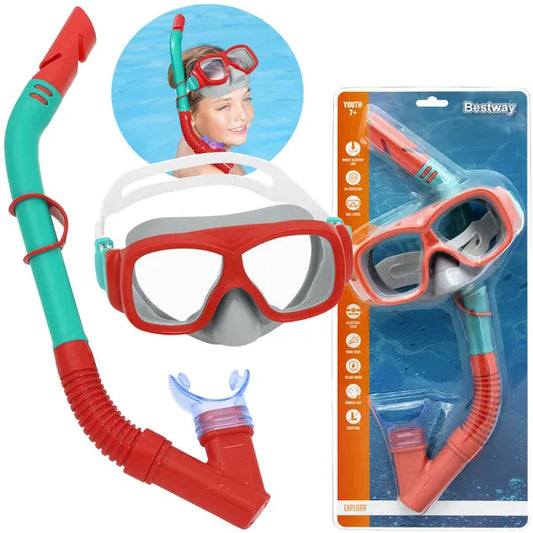 Gyermek búvármaszk és snorkel szett, 7+, UV-szűrős, piros-zöld